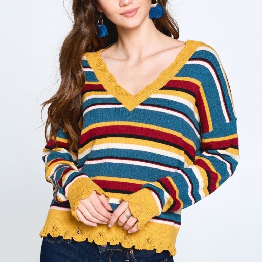 Women's Multi-Colored Variegated Striped Ruffled Edge Hem Knit Sweater NWT